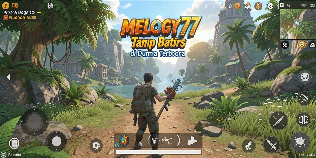 Tampilan gameplay MELODY77 dengan pemandangan indah dunia terbuka.