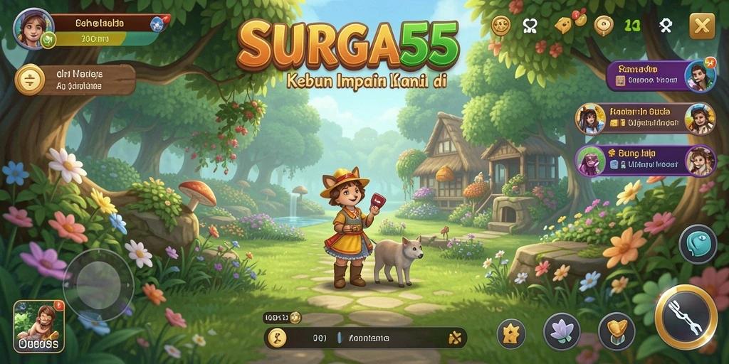 Screenshot gameplay SURGA55 menampilkan kebun yang indah dan tanaman yang subur.