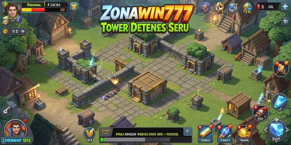 Screenshot gameplay ZONAWIN777 yang menunjukkan strategi menara Tower Defense.